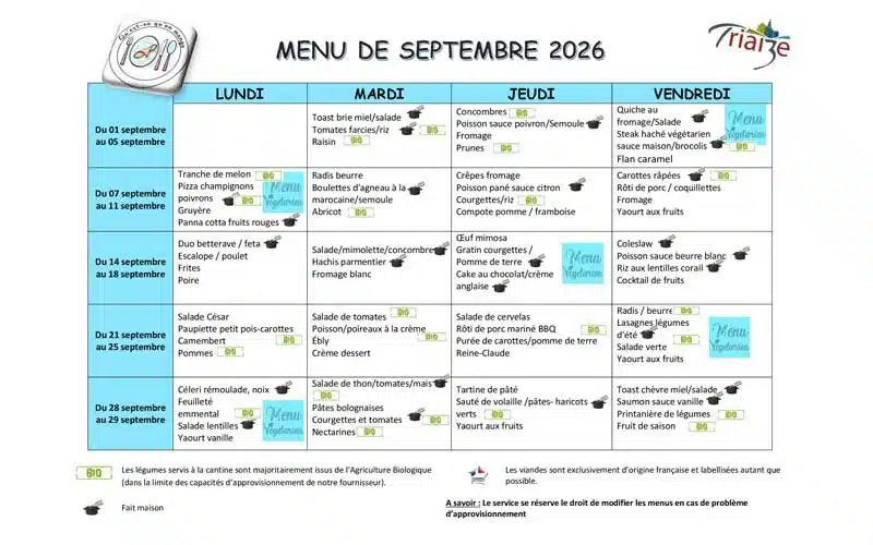 Menus-SEPTEMBRE-2026 La salle du restaurant scolaire communal à Triaize