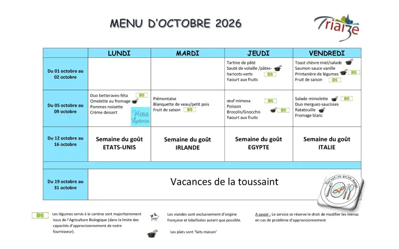 Menus OCTOBRE 2026 La salle du restaurant scolaire communal à Triaize